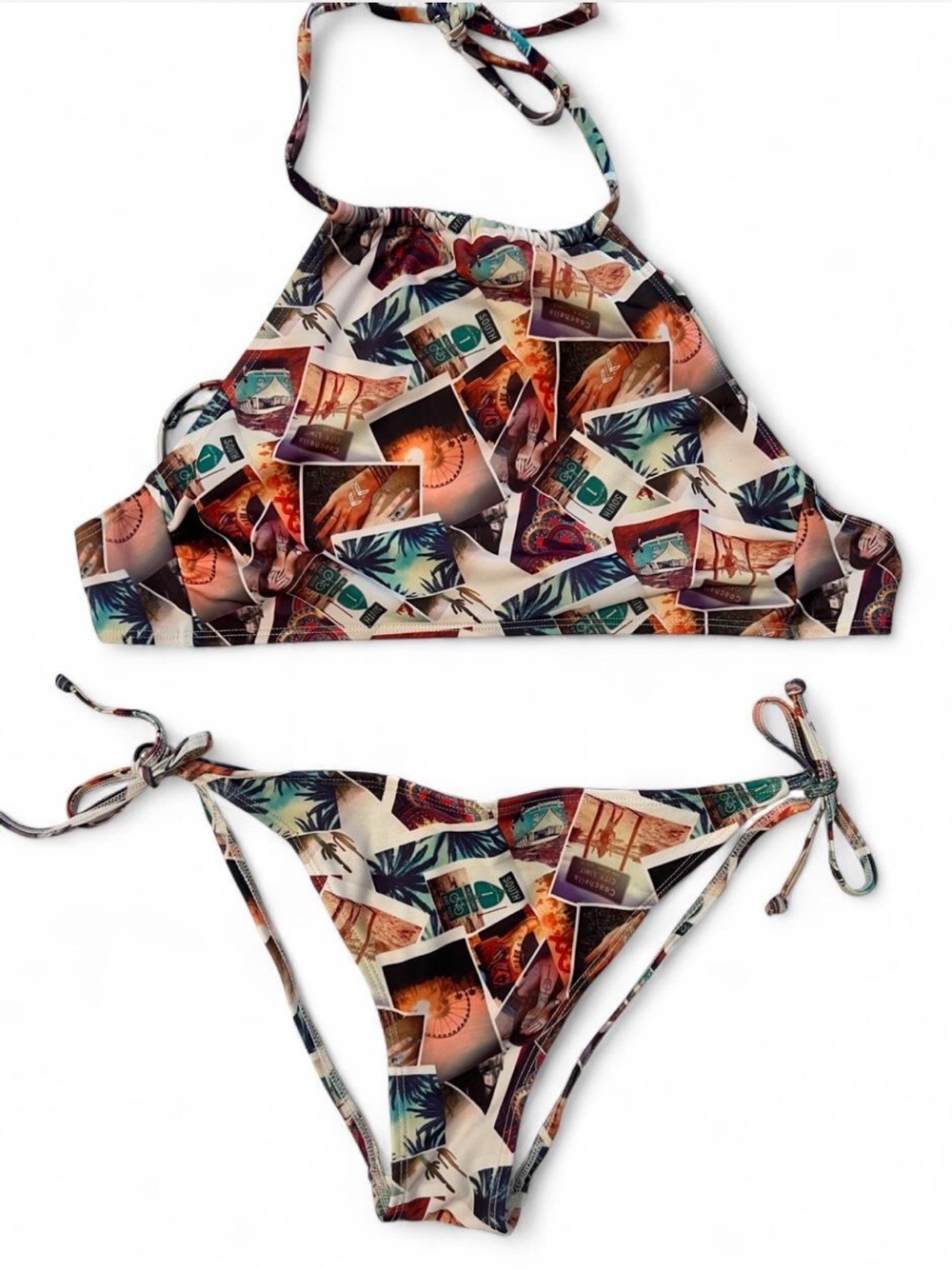 Tumblr‎ coachella festival Photo Collage Halter Tie-Side Bikini Polaroid SZ M